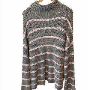 NWT CASLON Grey&Pink Striped Heavy Knit High Neck Wide Sleeve Loose Long Sweater